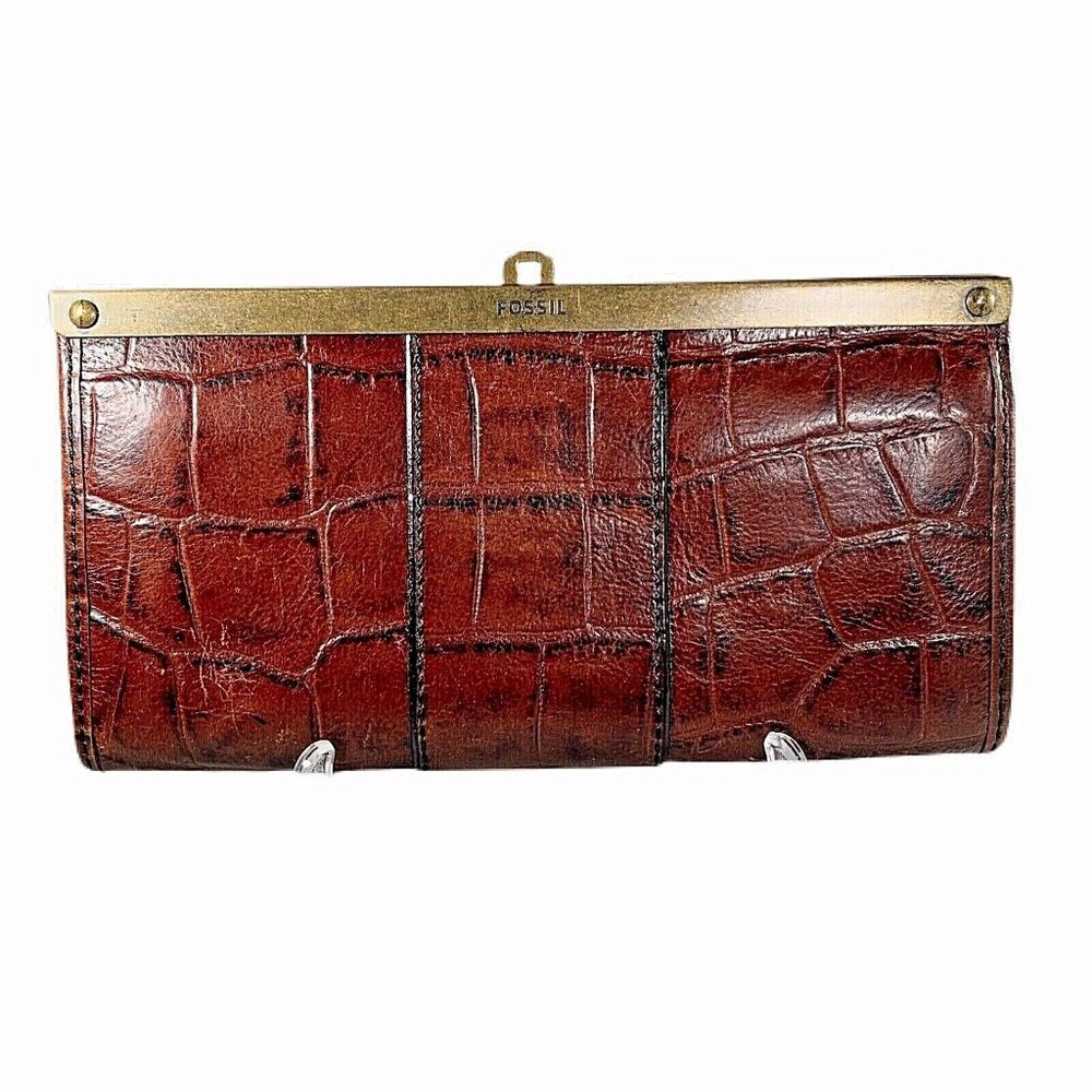 Vtg Fossil Croc Embossed Leather Wallet Clutch Metal Close Multiple pockets
